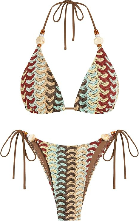 ZAFUL Women's Bikini Sets Beads Triangle Swimsuits 2 Piece String High Cut Cheeky Bathing Suits | Amazon (US)