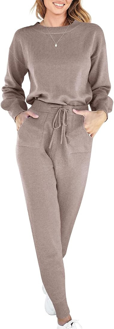 ANRABESS Women's Two Piece Outfits Sweater Sets Long Sleeve Pullover and Drawstring Pants Lounge ... | Amazon (US)