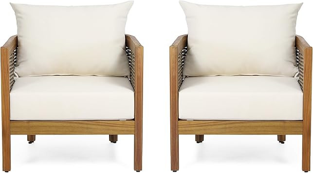 Burchett Outdoor Club Chair with Cushion - Acacia Wood and Wicker - Teak/Mixed Brown/Beige (Set o... | Amazon (US)