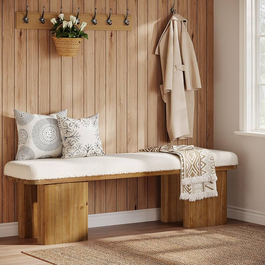 59-Inch Solid Wood Entryway Bench, Modern Upholstered End of Bed Bench with Faux Shearling Cushio... | Amazon (US)