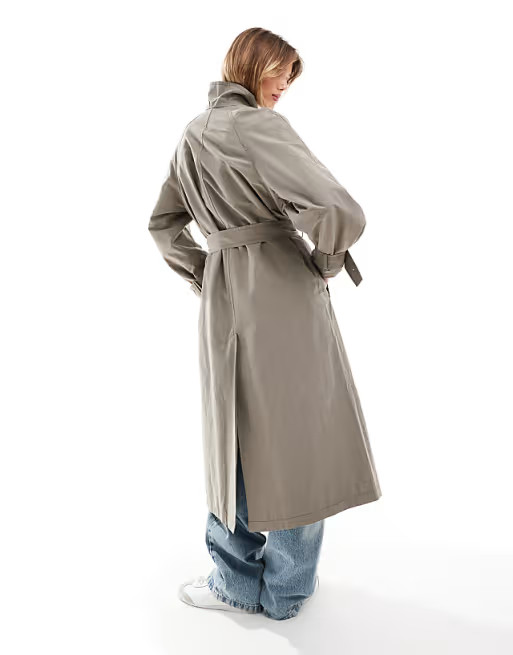 ASOS DESIGN funnel neck oversized longline trench coat in mushroom | ASOS (Global)