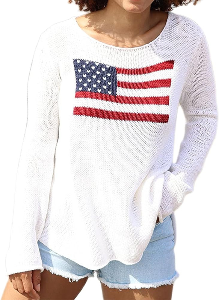 4th of July Vintage Sweater Long Sleeve Knit Pullover American Flag Sweatshirt Preppy Striped Swe... | Amazon (US)
