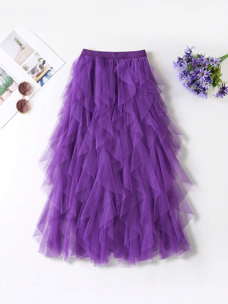 1pc Women's Asymmetrical Ruffle Layered Cake Design Mesh Tutu Skirt | SHEIN