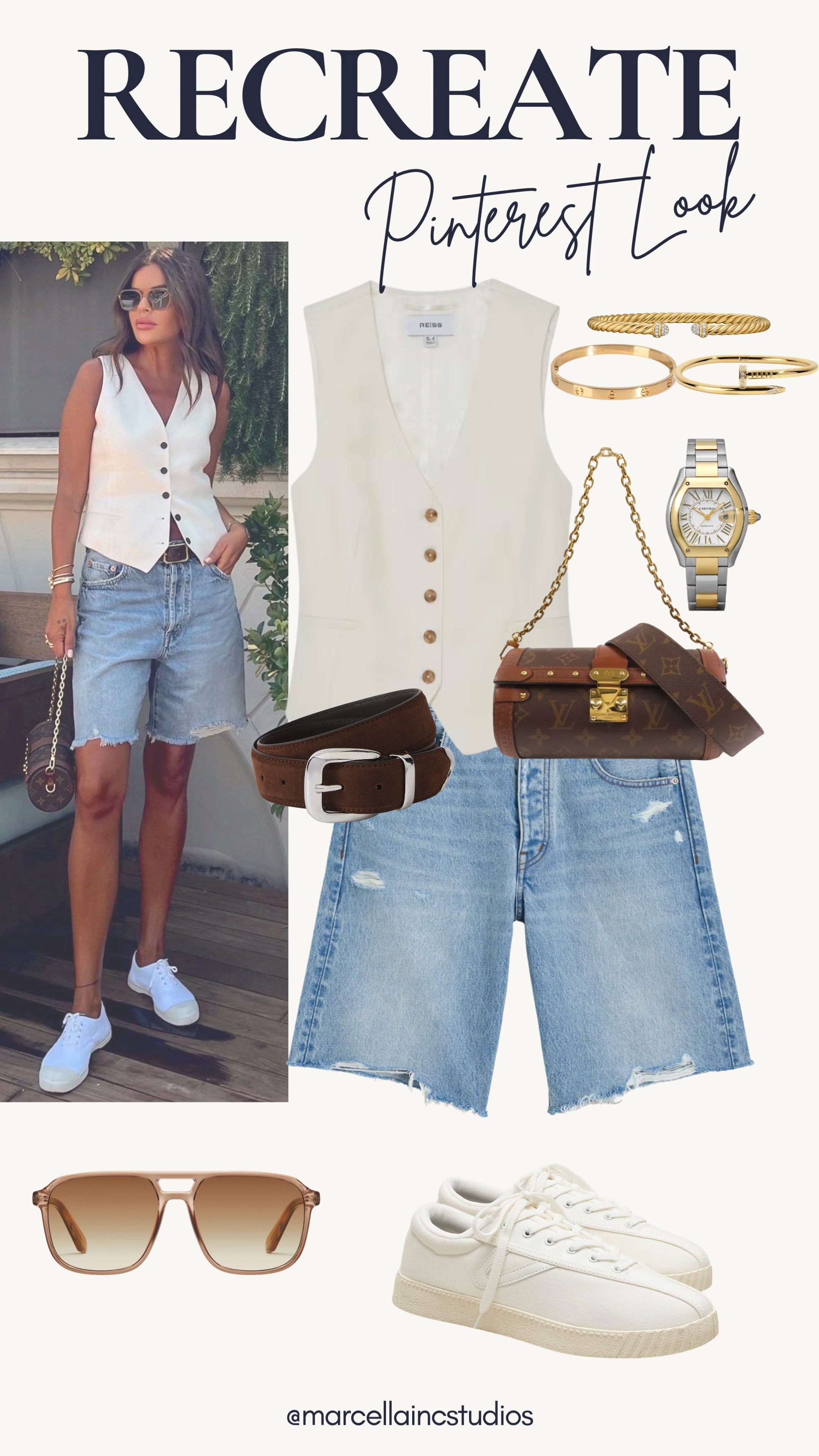 Summer Uniform: Quiet Luxury Vacation Curation ☀️ 
OUTFIT COMPONENTS & DESIGNER DETAILS:
-Vest: Structured white linen waistcoat / tailored sleeveless button-down suiting vest.
Denim: Premium light-wash high-waisted denim Bermuda shorts / raw hem luxury denim.
Bag: Louis Vuitton monogram Papillon pouch / cylinder chain micro bag.
Shoes: Minimalist white canvas low-top Tretorn sneakers / retro luxury trainers.
Accessories: Luxury tortoiseshell aviator sunglasses, classic brown leather waist belt, and fine gold stacking bracelets (Cartier Love & Juste un Clou aesthetic).

Perfect investment pieces for an upscale summer travel capsule wardrobe.

#LTKluxury #LTKstyletip #louisvuitton #quietluxury #capsulewardrobe #resortwear #summeroutfits

#LTKTravel #LTKOver40