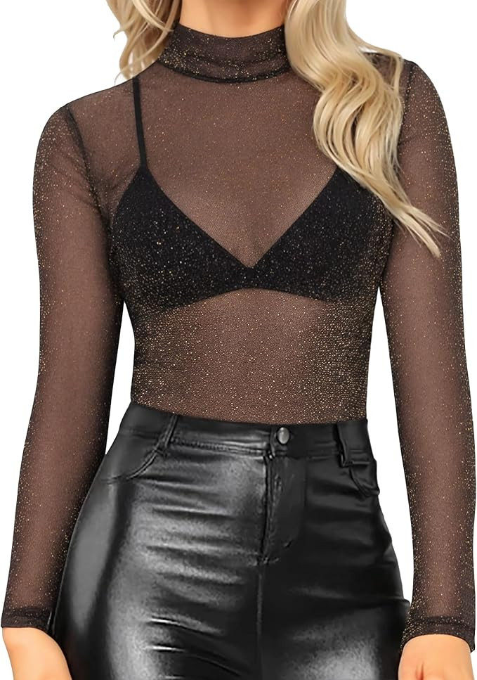 MANGOPOP Glitter Sheer Mesh Top Women Short Long Sleeve Sexy Shirt See Through Clubwear Tee Slim ... | Amazon (US)