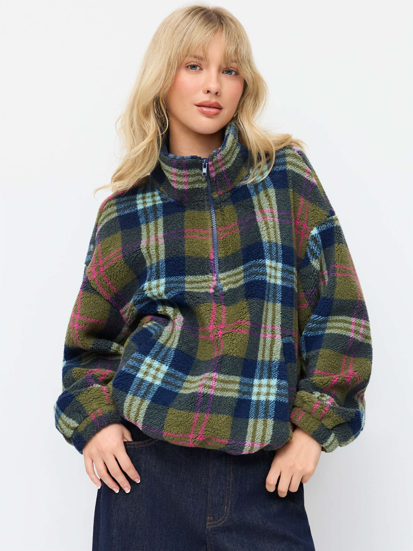 Fleece Plaid High Neck Half Zip Drawstring Oversized Sweatshirt | Cider