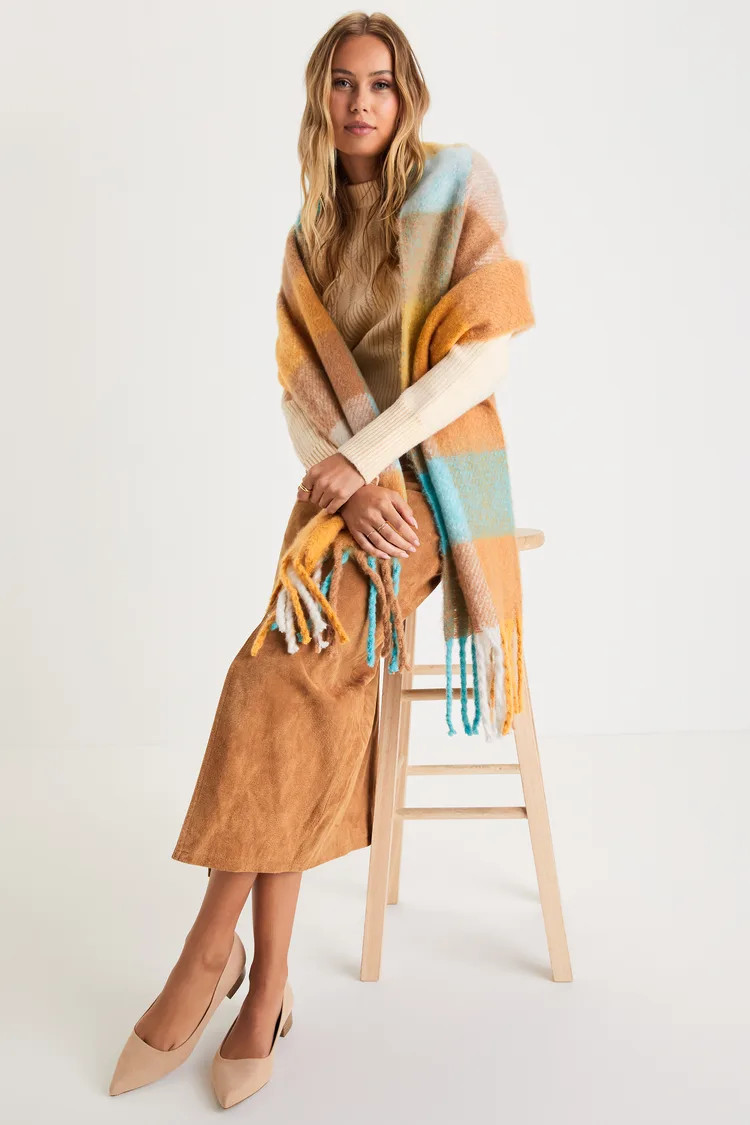 Elodie Orange Multi Plaid Fringe Oversized Scarf | Lulus (US)