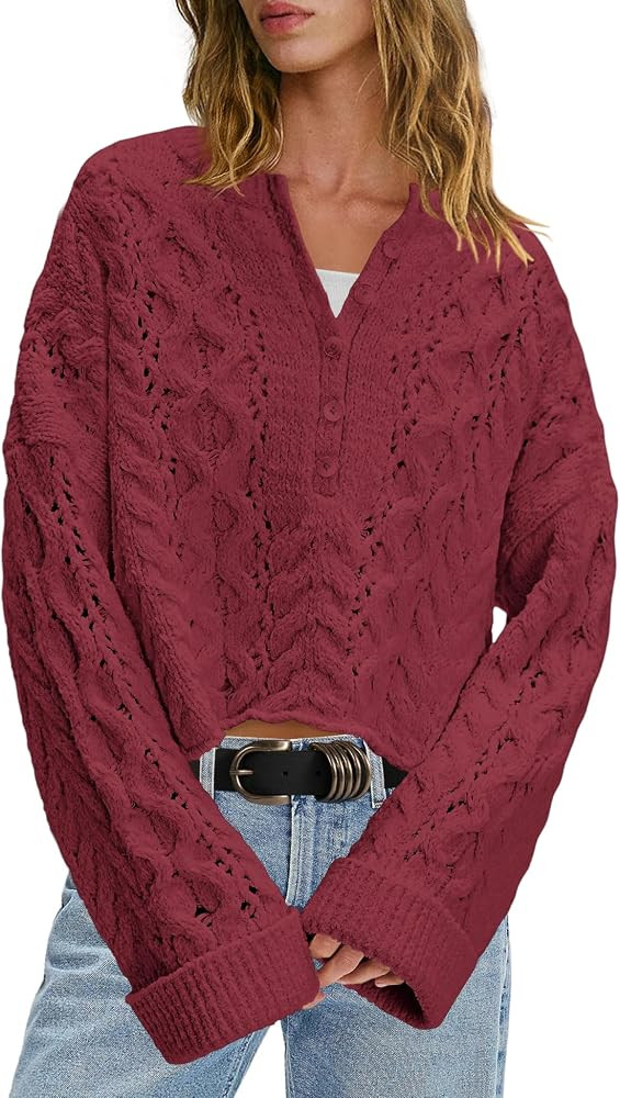 LAMISSCHE Cable Knit Sweater Women Cropped Sweaters Oversized Fall Sweaters Long Sleeve Half Butt... | Amazon (US)