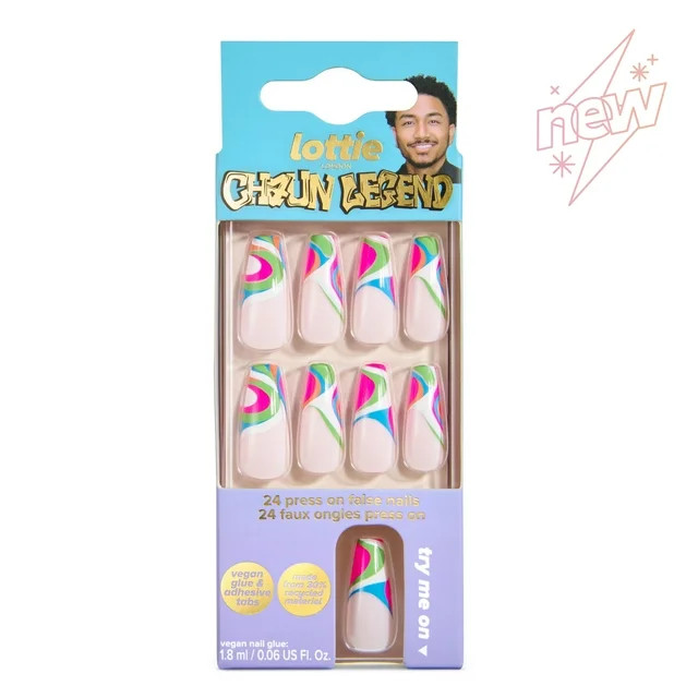 Lottie London x Chaun Legend Stay Press'd, Press on Nail Set, Multicoloured Swirl Tip, Coffin Sha... | Walmart (US)