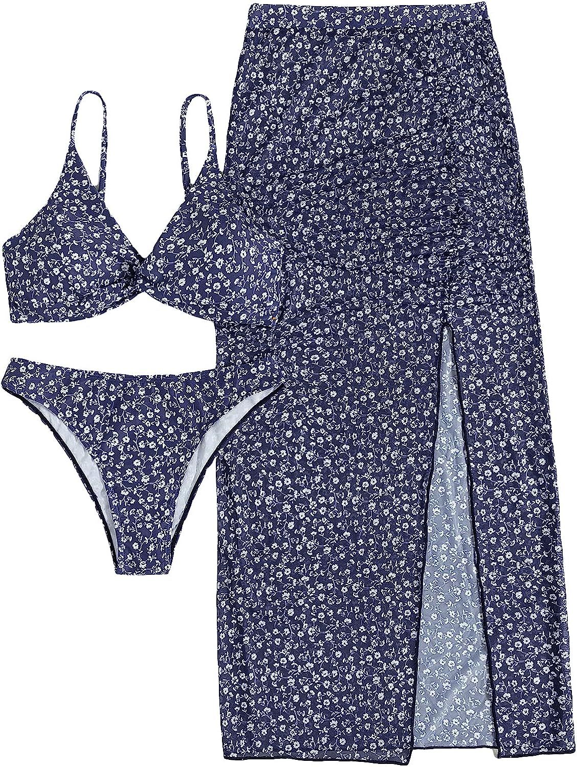 GORGLITTER Women's 3 Piece Floral Swimsuit Triage Bikini Set with Split Cover Up Maxi Skirt | Amazon (US)