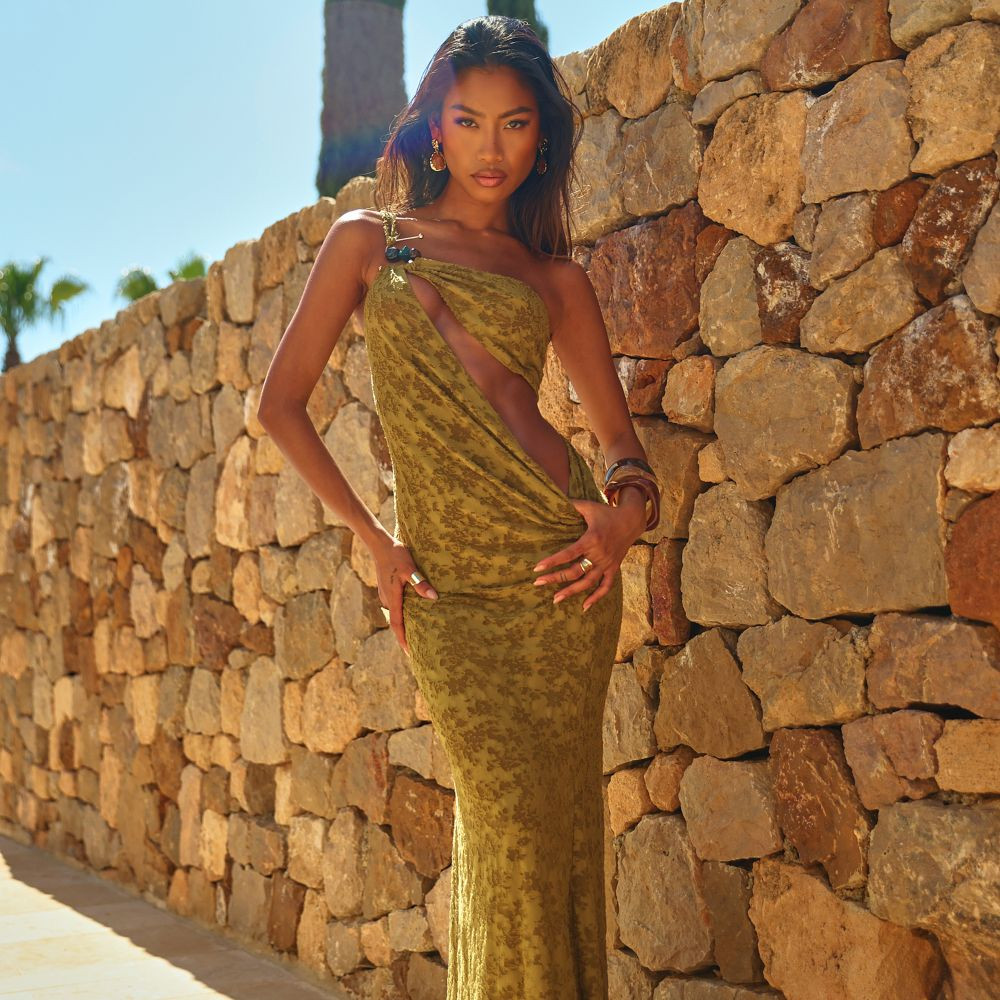 One Shoulder Cut Out Detail Beaded Trim Maxi Dress In Green Print | EGO (UK)