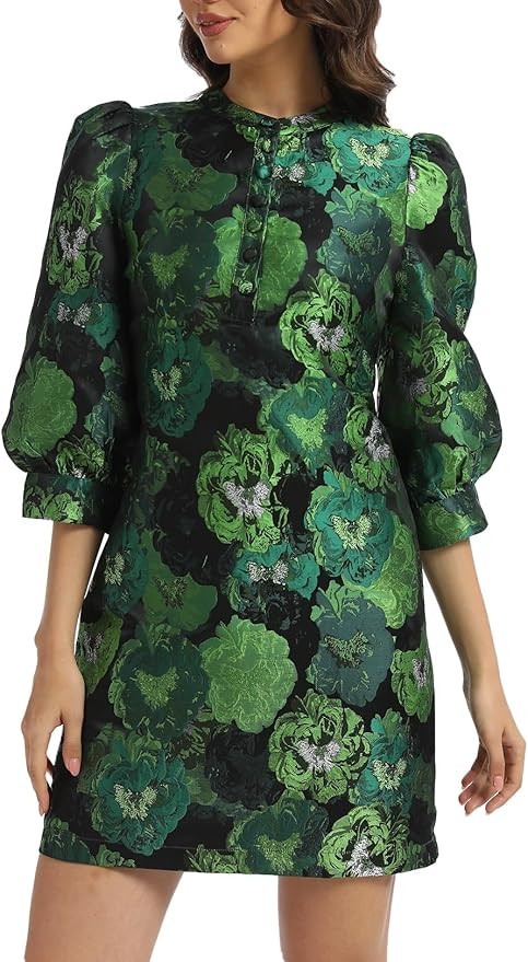 Ladyful Women's Floral Jacquard Dress Crewneck 3/4 Puff Sleeve Button Up Elegant Business Shift M... | Amazon (US)