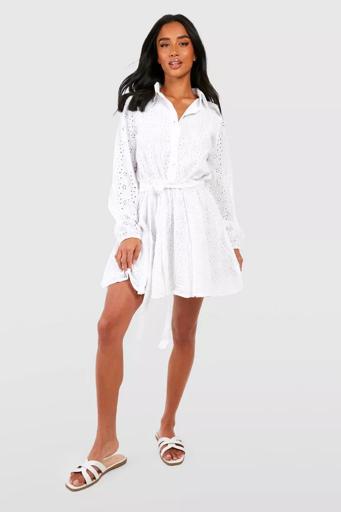 Petite Broderie Belted Skater Shirt Dress | Boohoo.com (UK & IE)