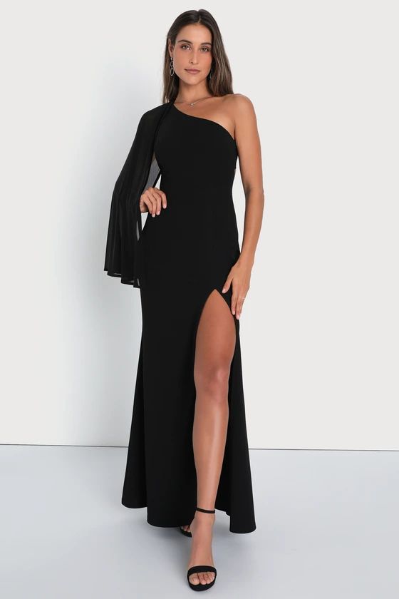 Majestic Attitude Black Cape Sleeve One-Shoulder Maxi Dress | Lulus (US)