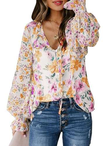 Biucly Womens Casual Floral Print Boho Clothes Loose Long Sleeve V Neck Button Down Shirts Tunic Spring Tops Blouses for Women Fashion 2025,US 4-6(S),Floral Pink | Amazon (US)