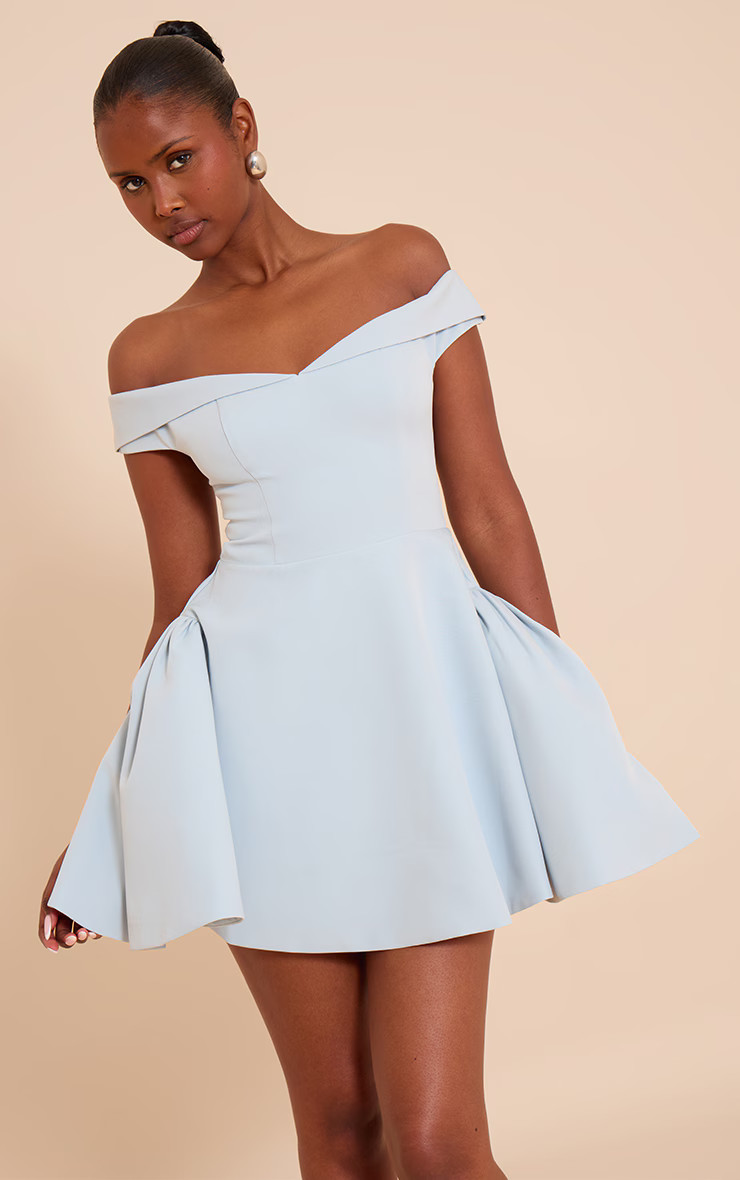 Baby Blue Bardot Fold Over Shift Dress | PrettyLittleThing US