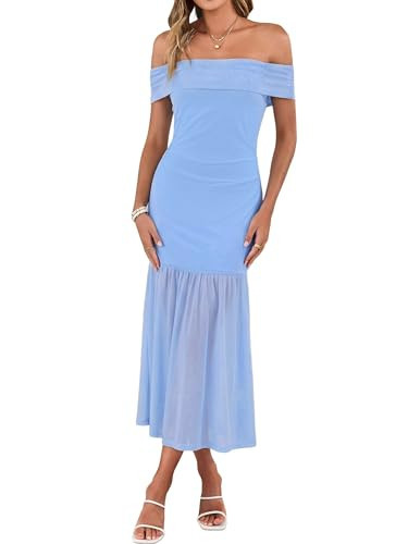 Simplee Womens Summer Off Shoulder Maxi Dress 2026 Ruched Bodycon Flowy Tulle Formal Cocktail Wedding Guest Long Dresses Sky Blue | Amazon (US)