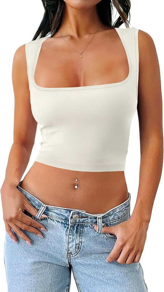 SAMPEEL Womens Square Neck Crop Tops Sleeveless Seamless Going Out Tank Tops Trendy | Amazon (US)