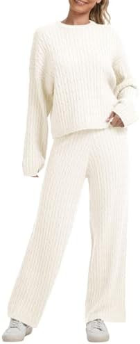 AnotherChill Women's Cable Knit Sweater Lounge Set – Long Sleeve Pullover Top with Wide Leg Pan... | Amazon (US)