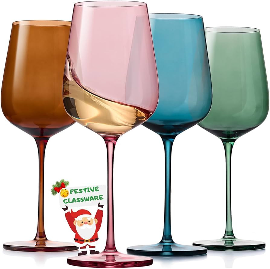Colored Wine Glasses Set of 4, Luxury Hand Blown 18oz Crystal Colored Wine Glasses set for Wife & Mom, Colorful Vintage Glassware Gift Set, Christmas Gift for Red or White Wine | Amazon (US)