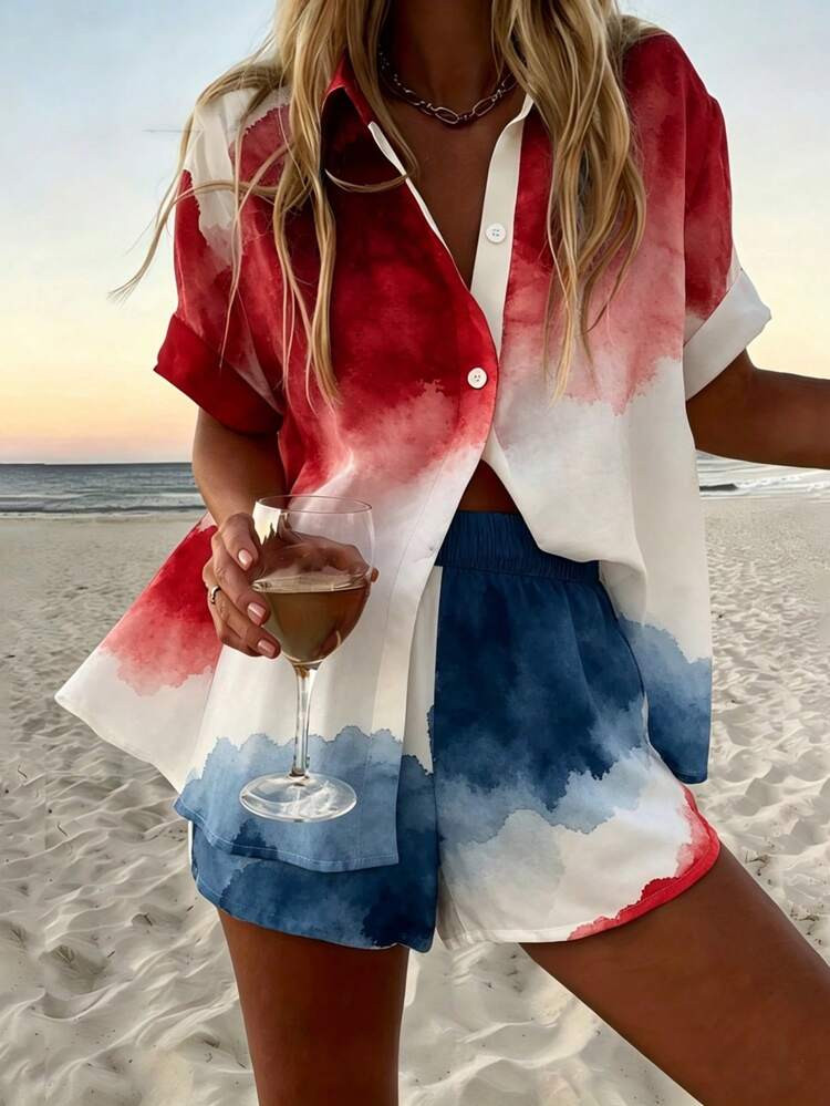A Casual-Style Short-Sleeve Shirt And Shorts Set For Ladies, Gentle And Unique, Made Of Skin-Friendly Knit Fabric, Free And Easy, Ideal For Gifting To A Partner, Perfect For Seaside Walks In Summer, With Red-White-Blue Gradient Ink Wash Effect | SHEIN