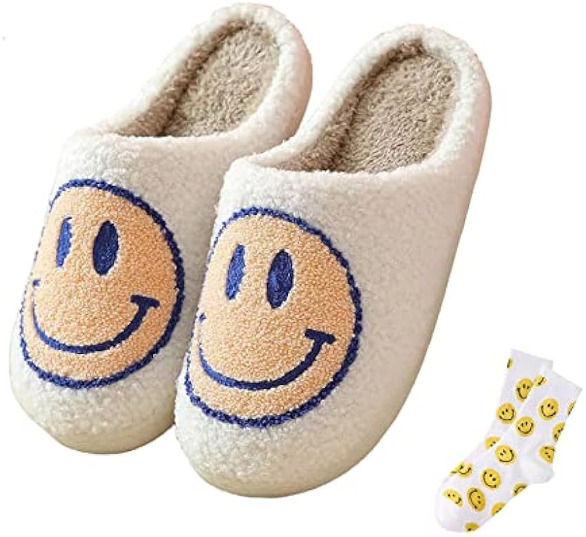 Men Women Retro round smiley face fashion soft plush comfy warm slip-on slippers | Amazon (US)