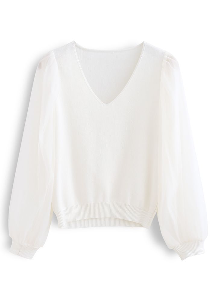 Organza Mesh Sleeves V-Neck Knit Top in White | Chicwish