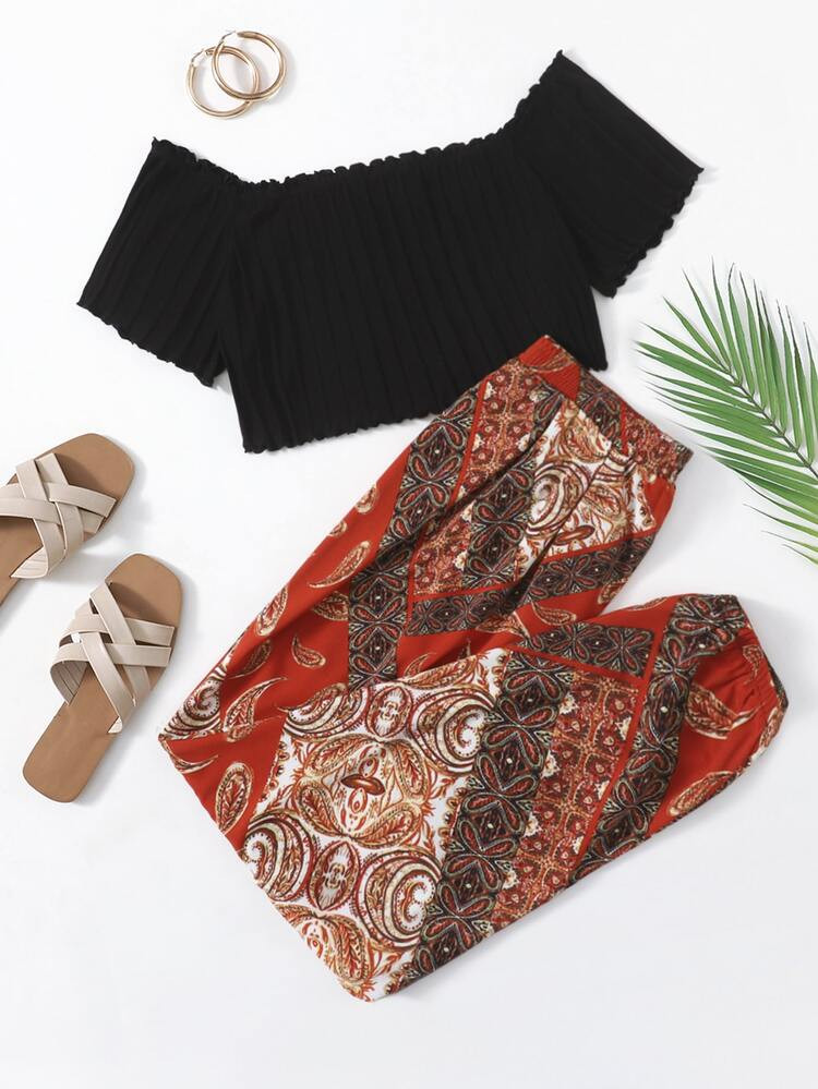 SHEIN Plus Lettuce Trim Rib-knit Tee & Paisley Print Pants Set | SHEIN