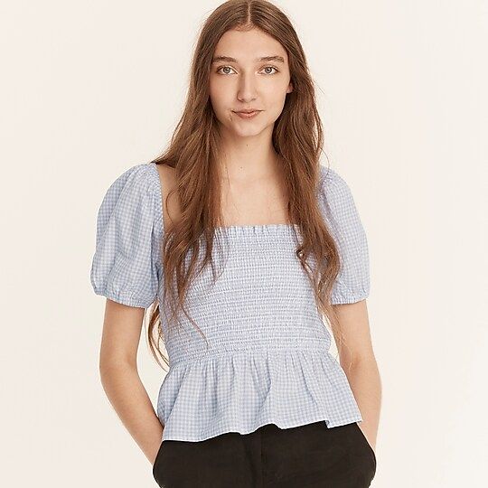 Squareneck smocked cotton voile top in gingham | J.Crew US