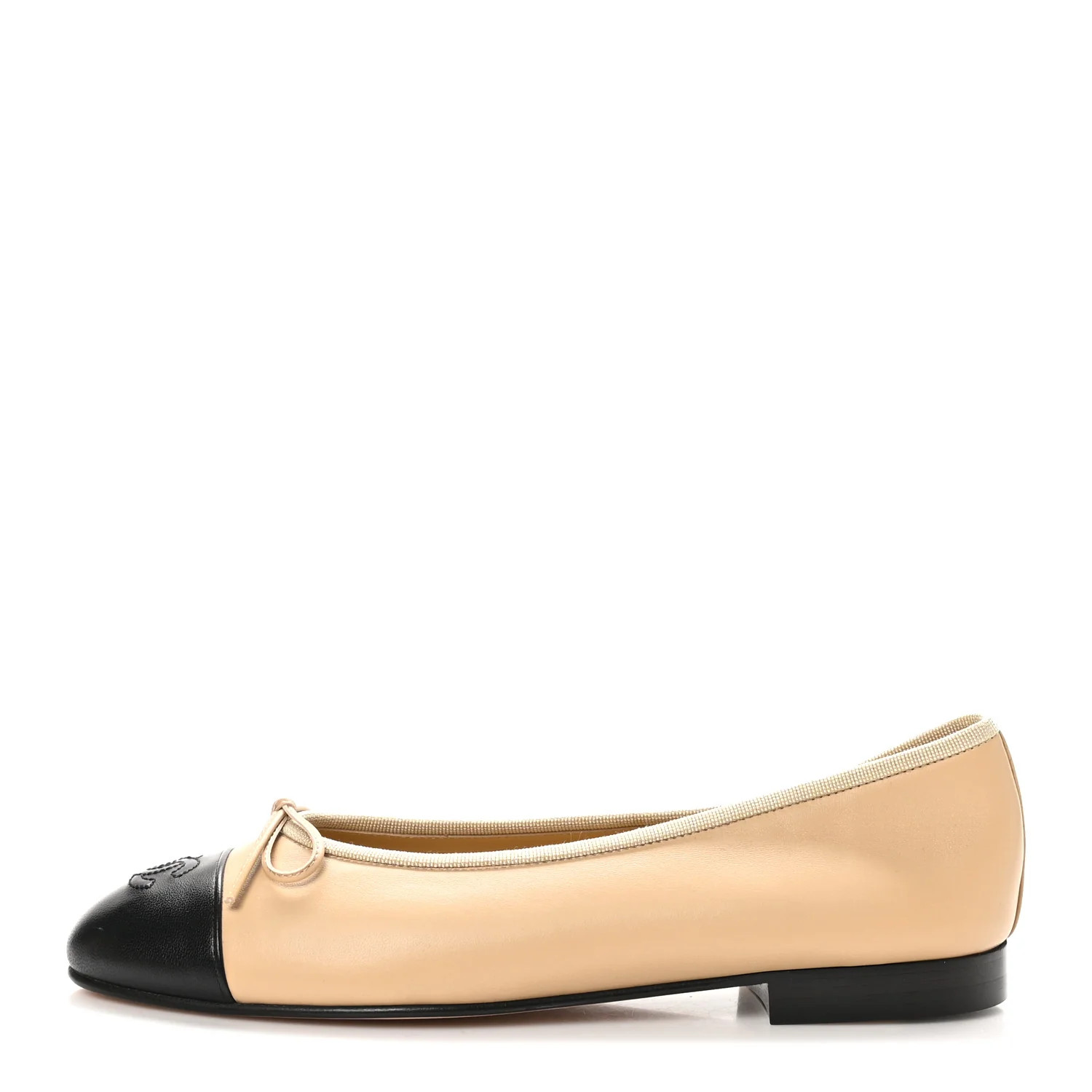 Lambskin Cap Toe CC Ballerina Flats 38.5 Beige Black | FASHIONPHILE (US)