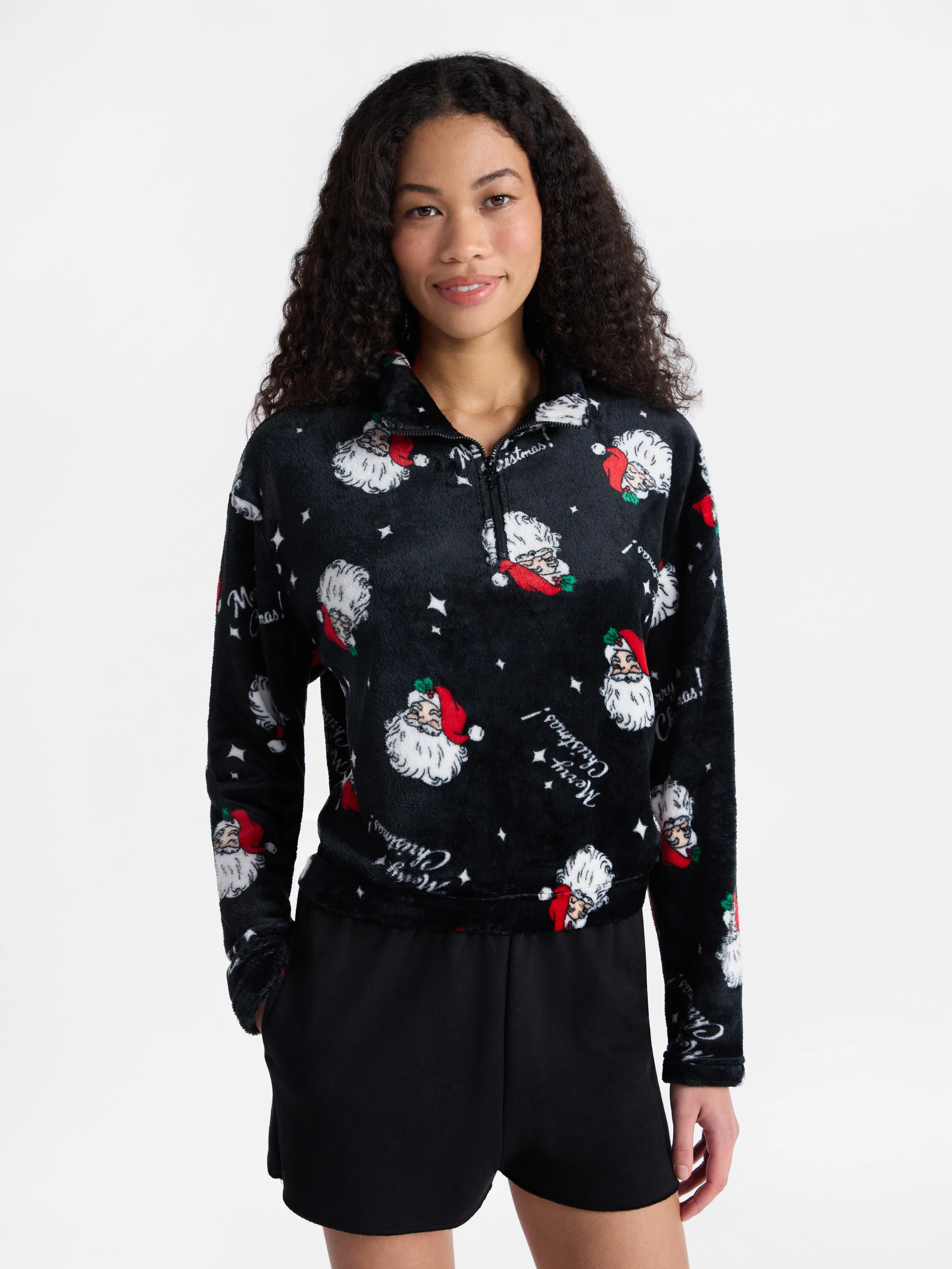 No Boundaries 1/4 Zip Mock Neck Plush Top with Long Sleeves, Women's | Walmart (US)