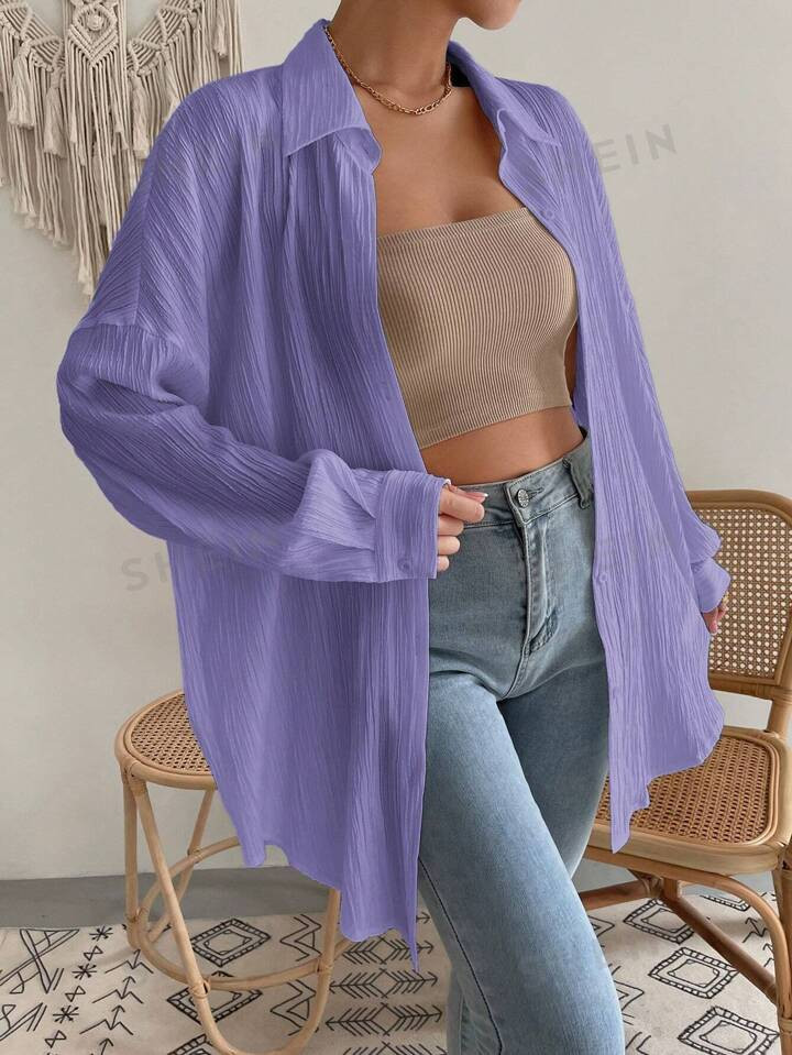 SHEIN EZwear Solid Color Textured Button Down V-Neck Drop Shoulder Loose Long Sleeve Shirt | SHEIN