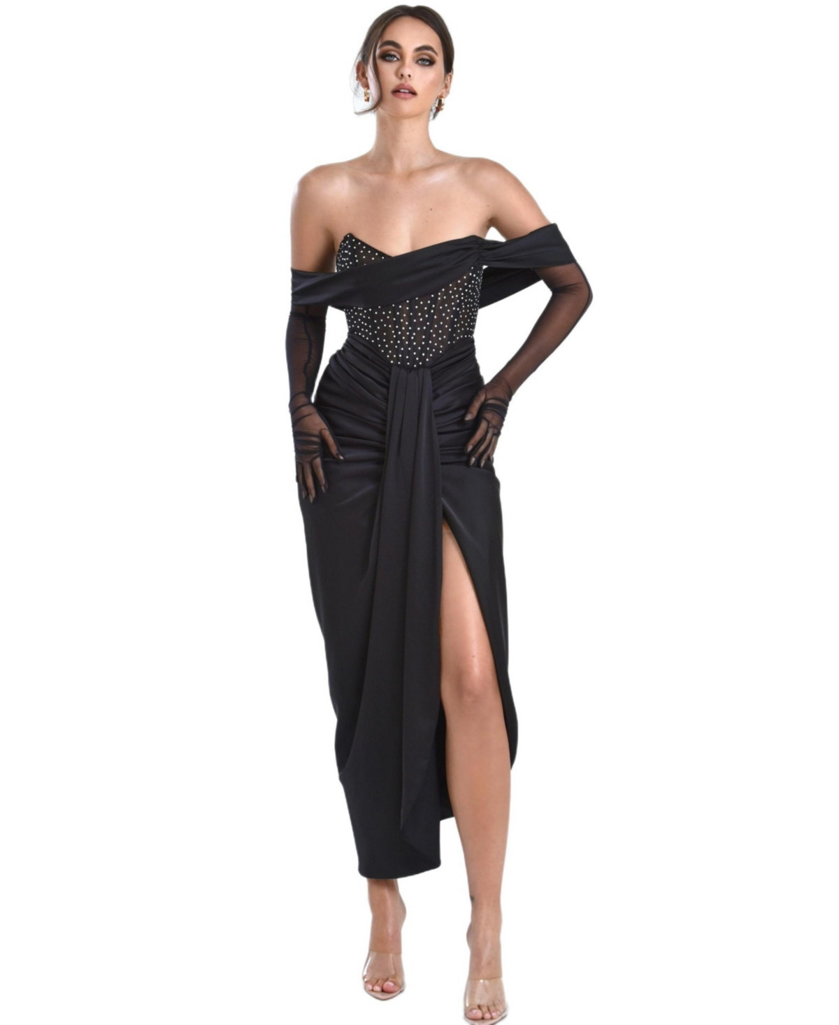 Miss Circle Women's Stella Black Off Shoulder Crystal Corset Satin Gown - Black | Macy's