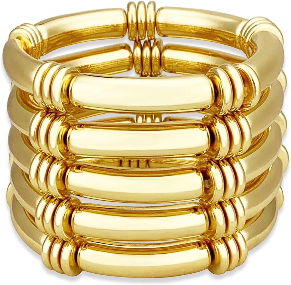 YBMYCM 5PCS Gold Chunky Bangles Bracelets for Women Gold Plated Stackable Layered Curved Bamboo T... | Amazon (US)
