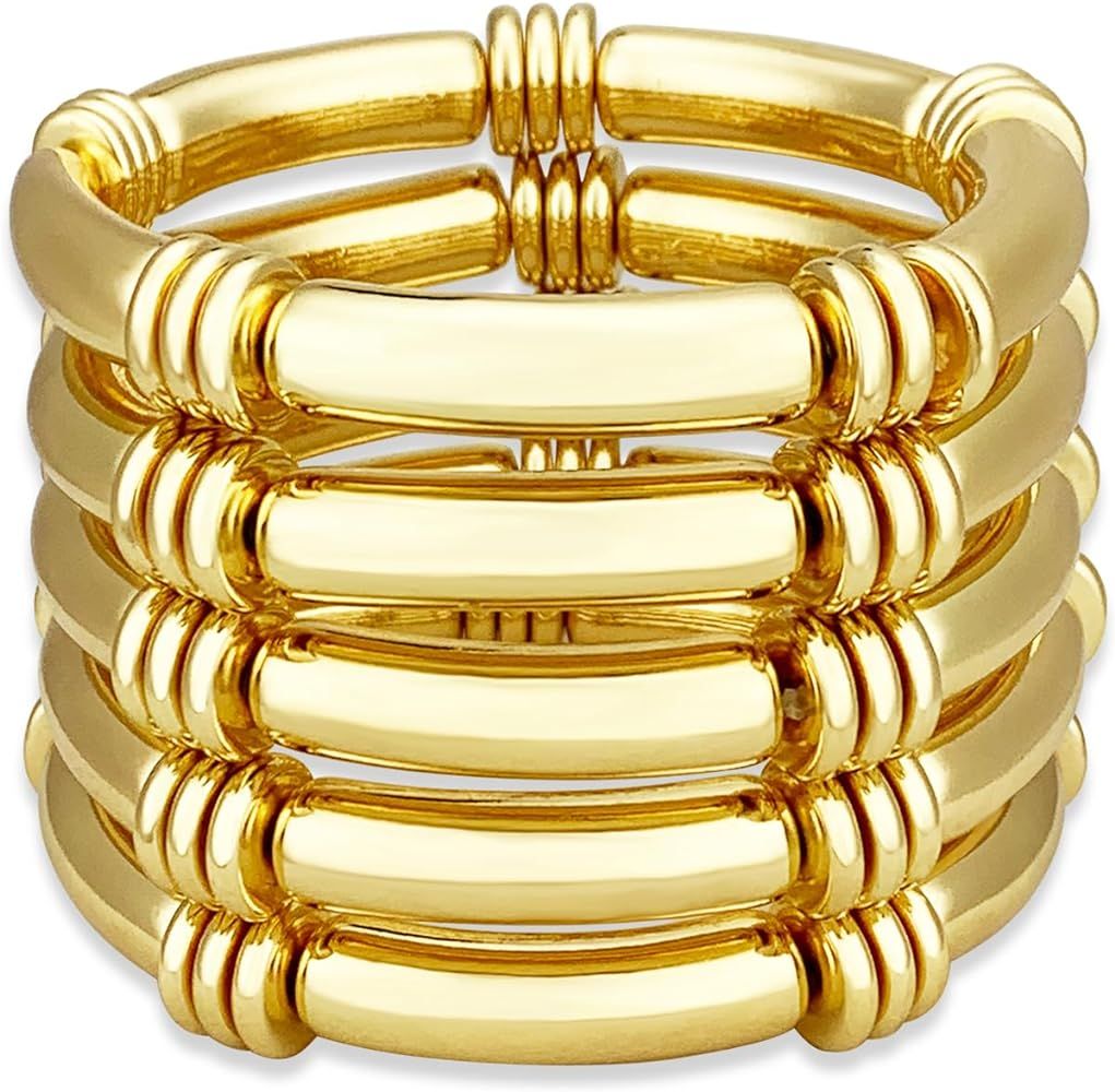 YBMYCM 5PCS Gold Chunky Bangles Bracelets for Women Girls Gold Plated Stackable Layered Curved Ba... | Amazon (US)