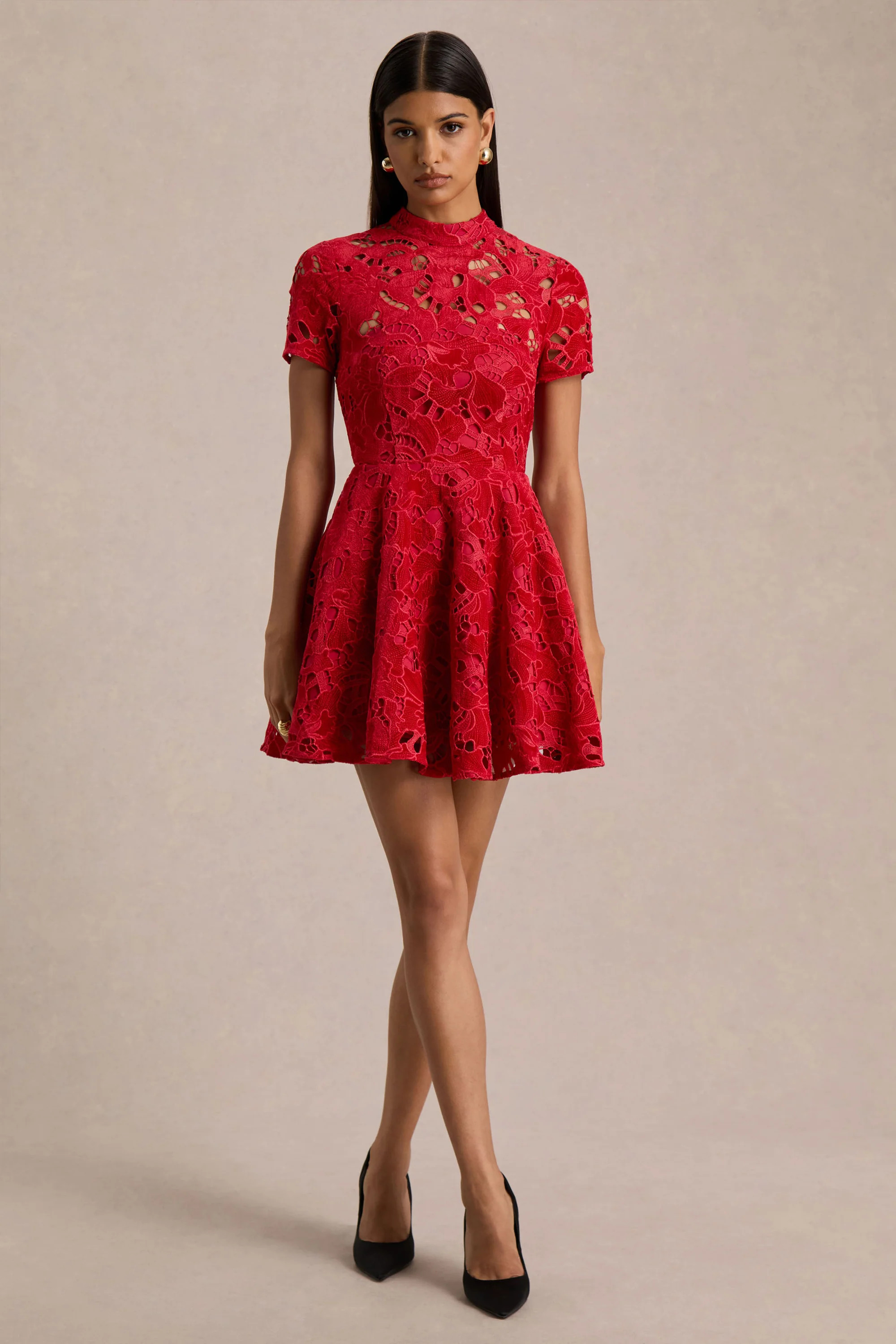 Roam | Red Lace High-Neck Mini Dress | Club L London