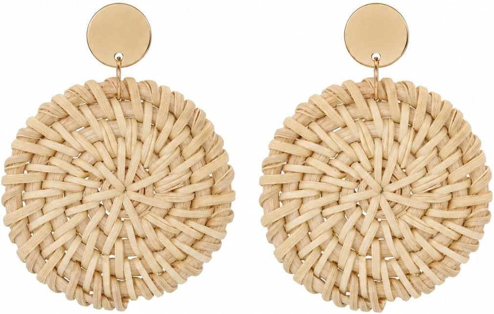 Handmade Raffia Rattan Bohemian Dangle Earrings for Women, Woven Rattan Round Drop Dangle Earring... | Amazon (US)