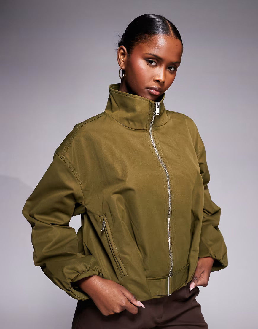 River Island belted funnel neck jacket in khaki-Green | ASOS (Global)