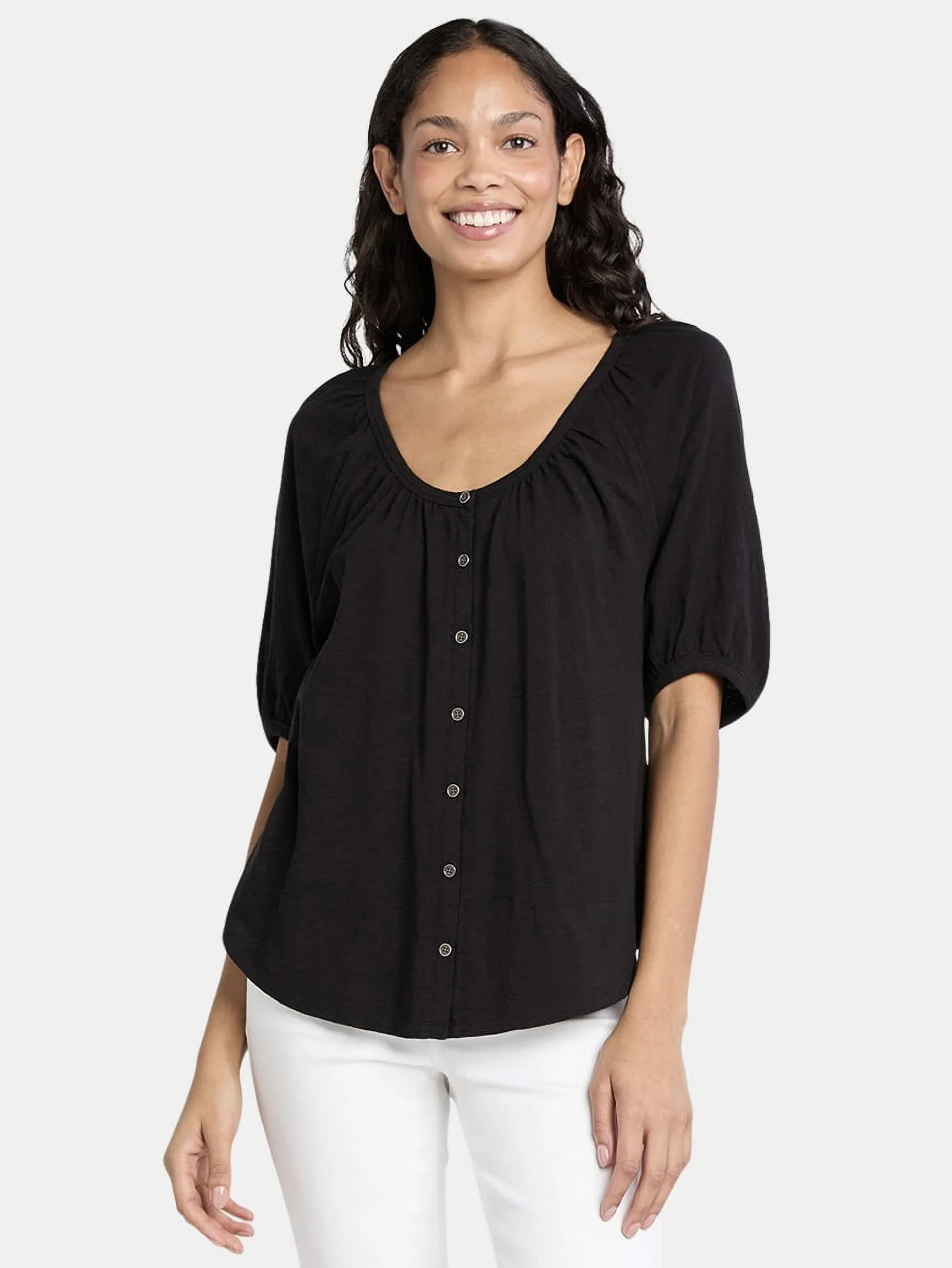 Time and Tru Women's Cotton Peasant Top, Sizes XS-XXXL | Walmart (US)