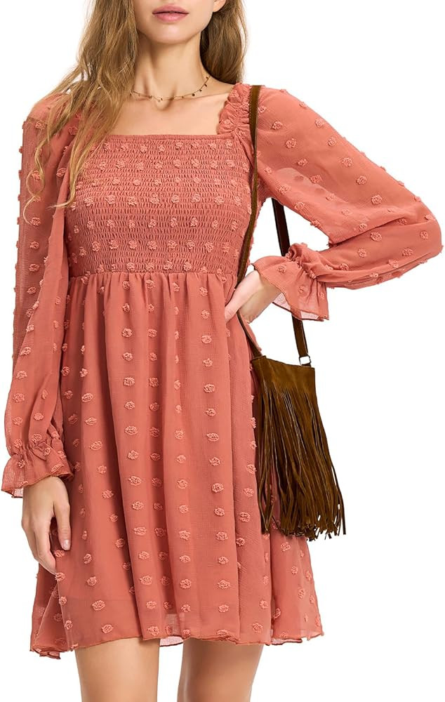 EXLURA Women's 2025 Fall Long Sleeve Party Swiss Dot Dress Smocked Ruffle Cocktail Mini Dresses | Amazon (US)