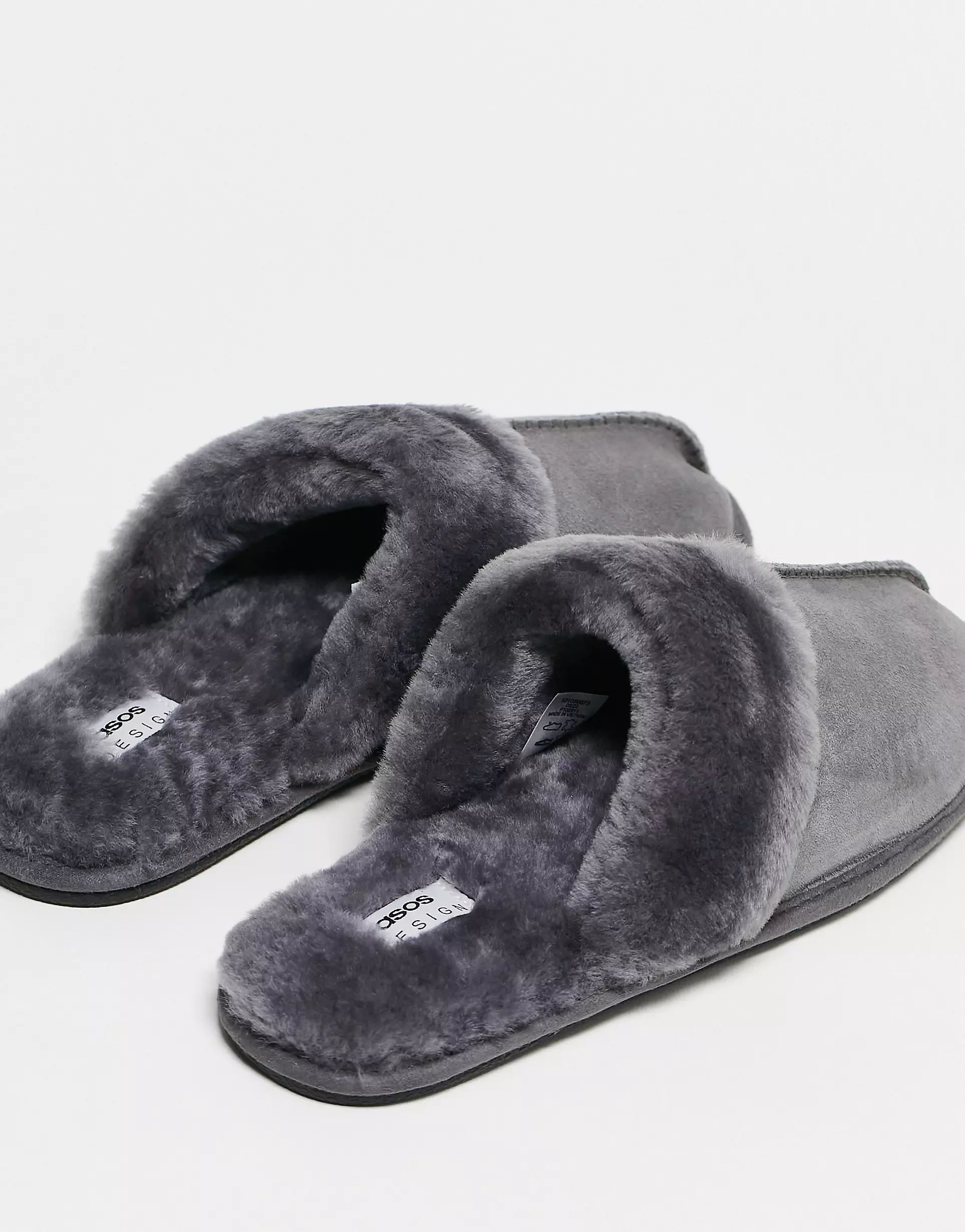 ASOS DESIGN premium sheepskin slippers in grey | ASOS (Global)