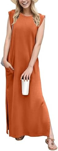 GRECERELLE 2026 Women Year-Round Casual Round Neck Loose Split Wrinkle-Free Long Maxi Vacation Dr... | Amazon (US)