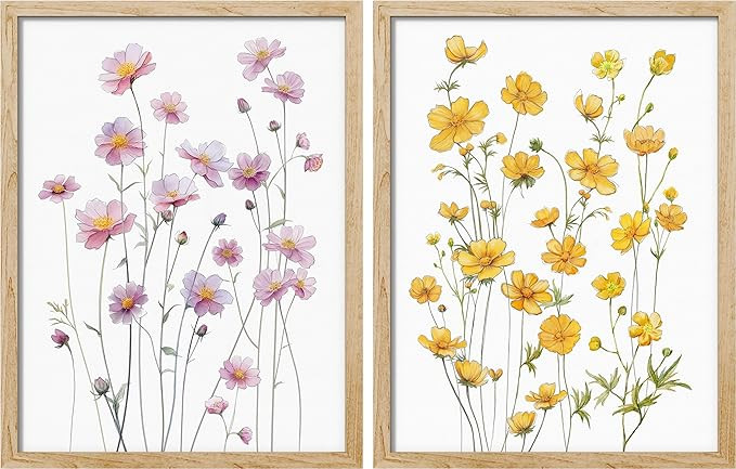 SIGNWIN Framed Yellow Pink Wildflowers Wall Art, Set of 2 Floral Botanical Wall Decor Prints, Mod... | Amazon (US)