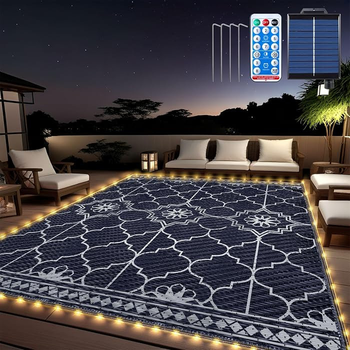 Lighted Outdoor Rug 8x10 ft, Solar Powered Patio Rug with 113 LED Lights, Waterproof Plastic Reve... | Amazon (US)