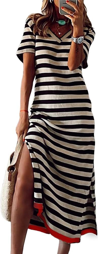 Dokotoo Summer Dress Casual Womens Fashion Short Sleeve Maxi Dress T Shirt Dress Striped Long Col... | Amazon (US)