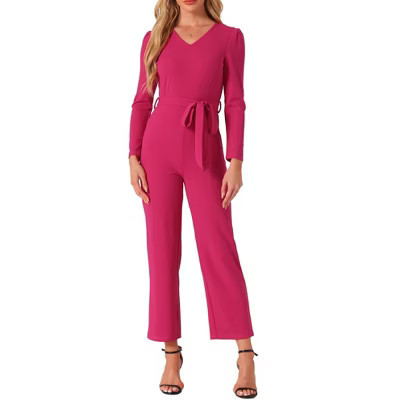 INSPIRE CHIC Women's V Neck Long Sleeve Tie Waist Wide Leg Long Pants Elegant Knit Jumpsuits X-Small Hot Pink | Target
