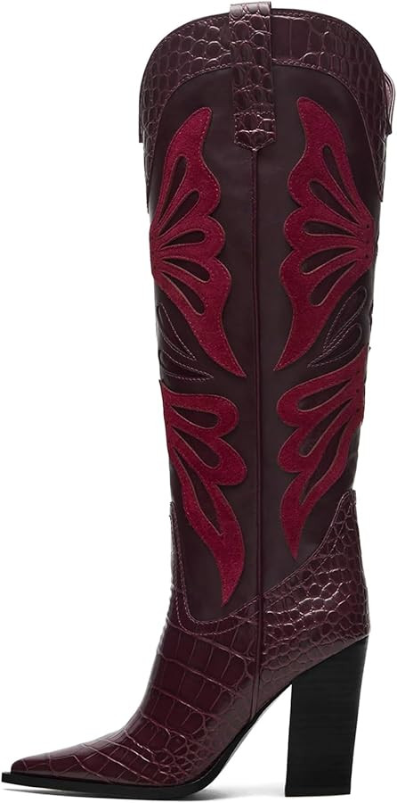 VOMIRA Cowboy Boots for Women Pointed Toe Chunky High Heels Butterfly Cowgirl Boots Wide Calf Kne... | Amazon (US)