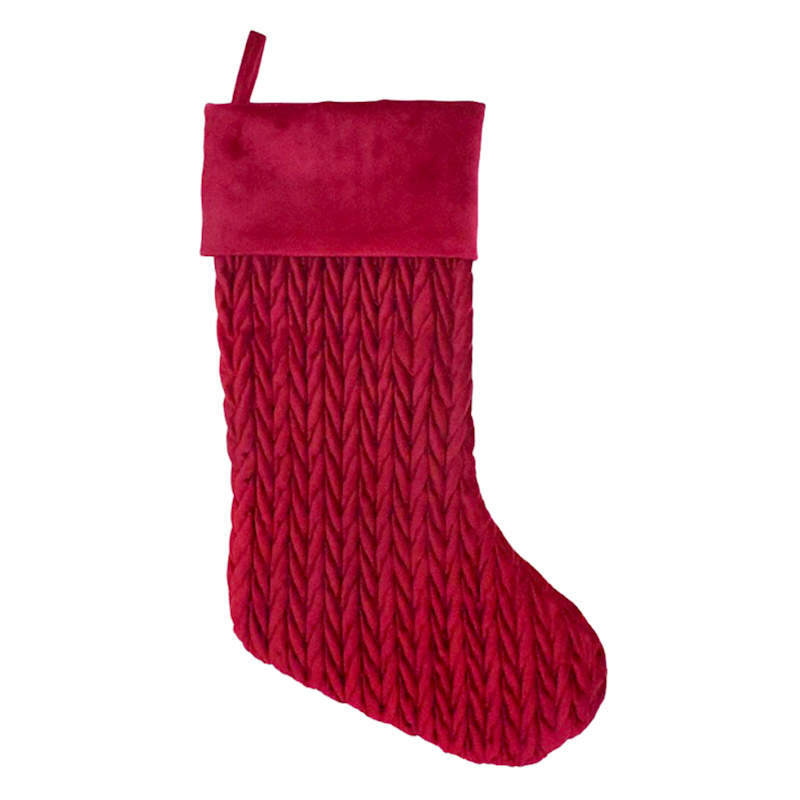 Red Embossed Stocking, 20", Fabric, sold by At Home | At Home
