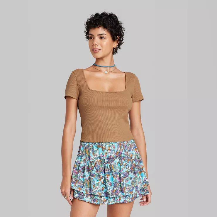 Women's Short Sleeve Rib Fitted Square Neck Baby T-Shirt - Wild Fable™ | Target