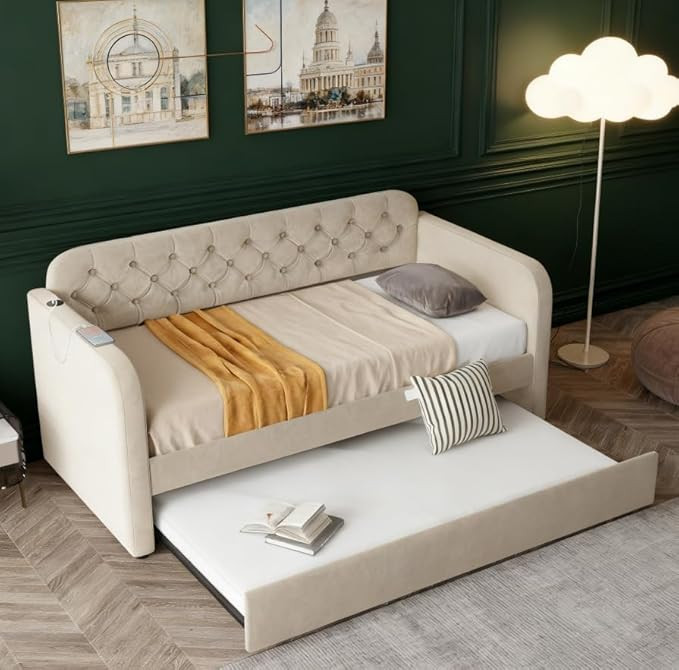 Bellemave Twin Upholstered daybed with Trundle and USB Charging, Velvet Tufted Sofa Bed Twin Size... | Amazon (US)